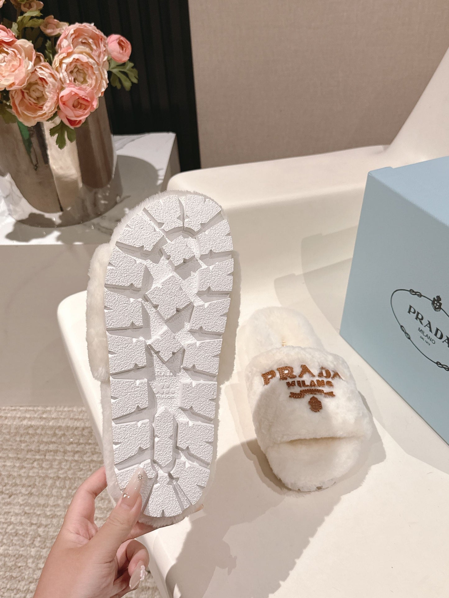 PRADA 25S FLAT MULES IN WHITE RABBIT FUR - 35