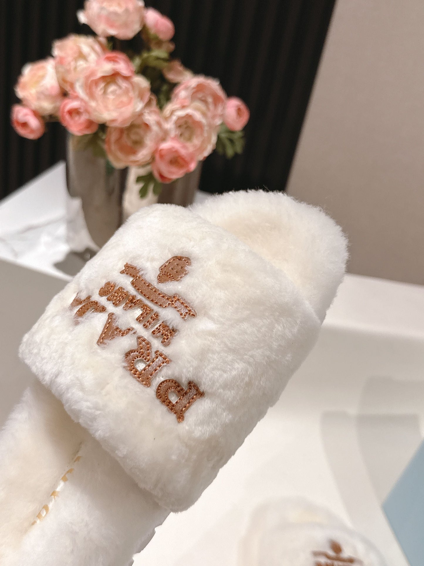 PRADA 25S FLAT MULES IN WHITE RABBIT FUR - 35