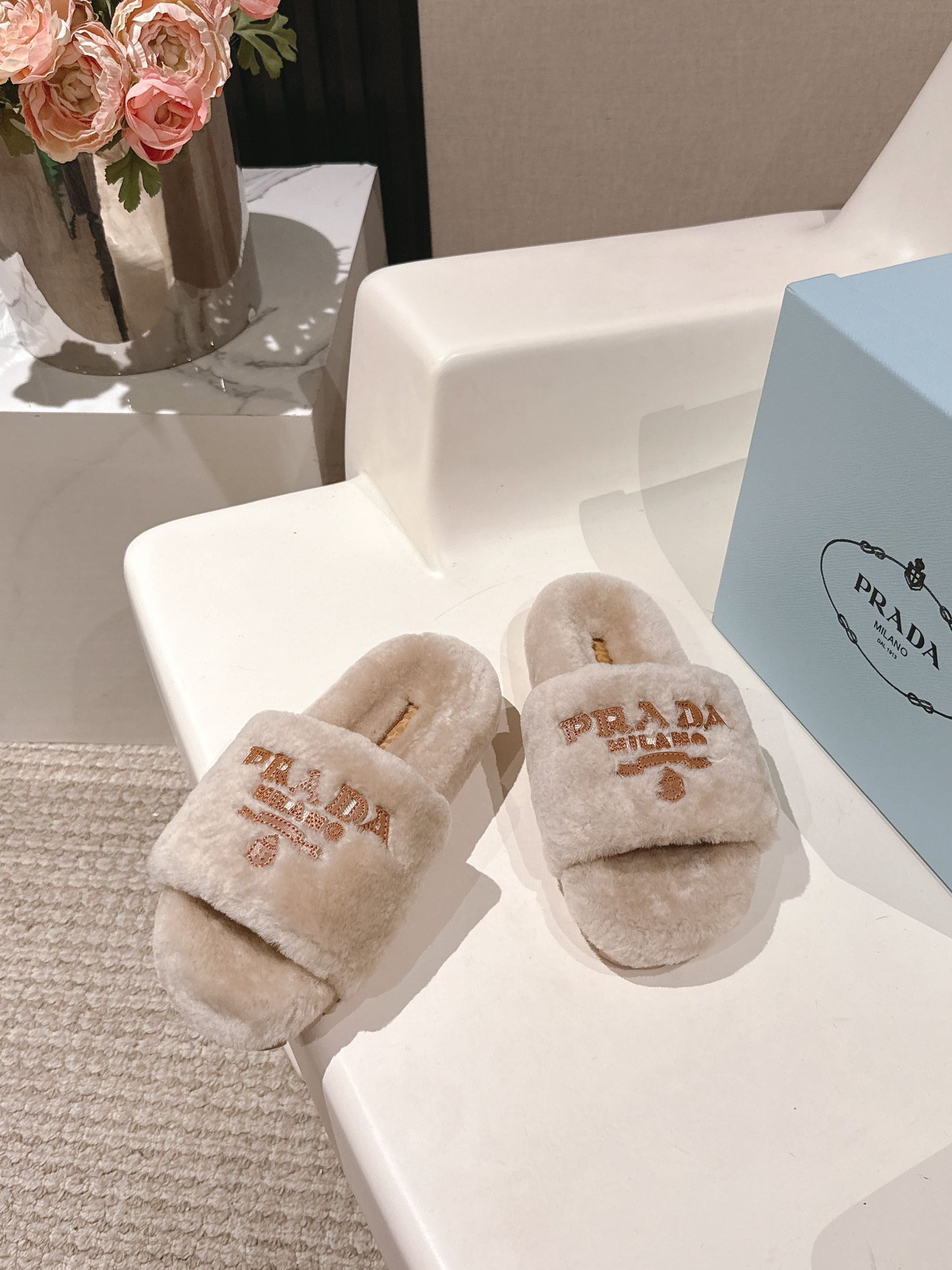 PRADA 25S FLAT MULES IN WARM TAUPE RABBIT FUR - 35