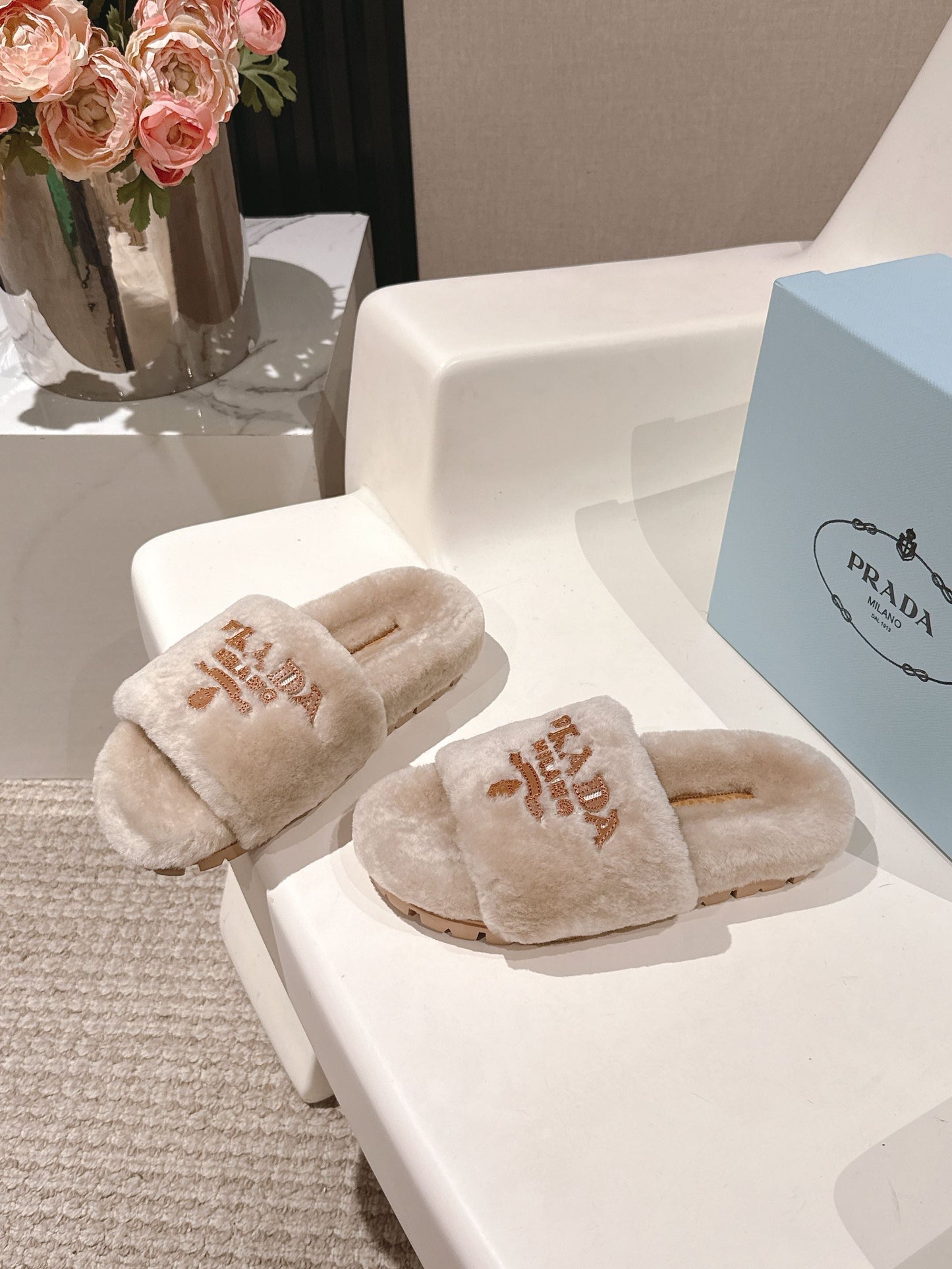 PRADA 25S FLAT MULES IN WARM TAUPE RABBIT FUR - 35