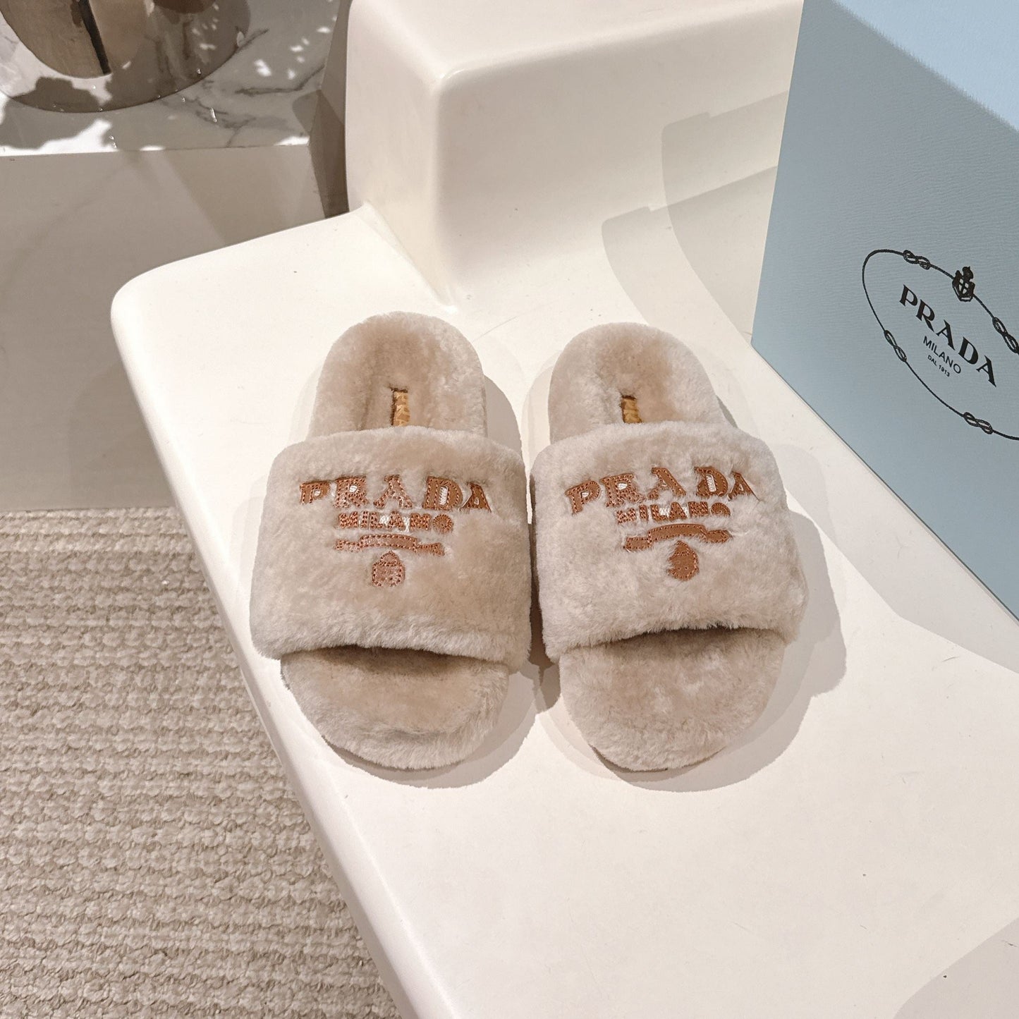PRADA 25S FLAT MULES IN WARM TAUPE RABBIT FUR - 35