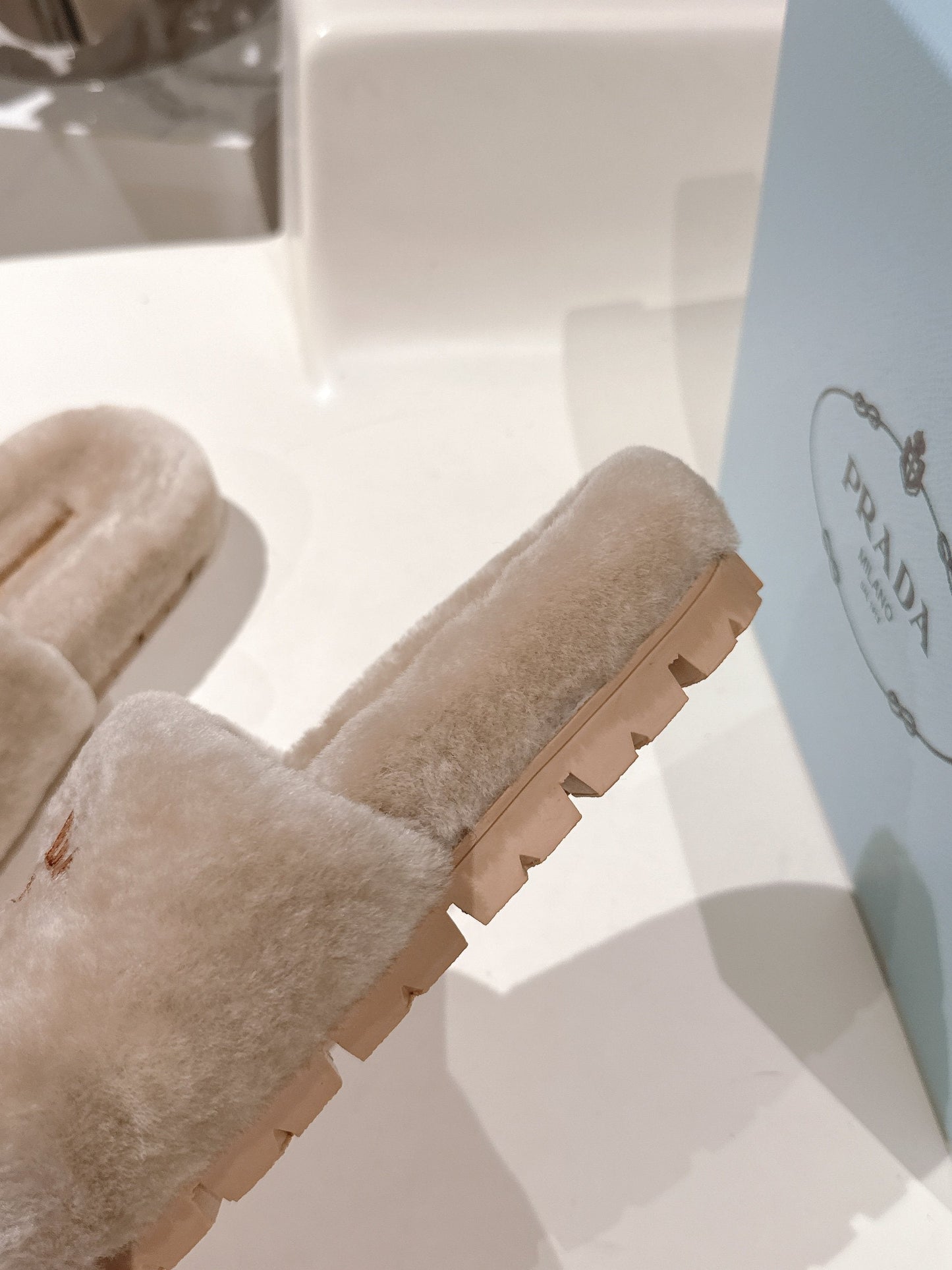 PRADA 25S FLAT MULES IN WARM TAUPE RABBIT FUR - 35