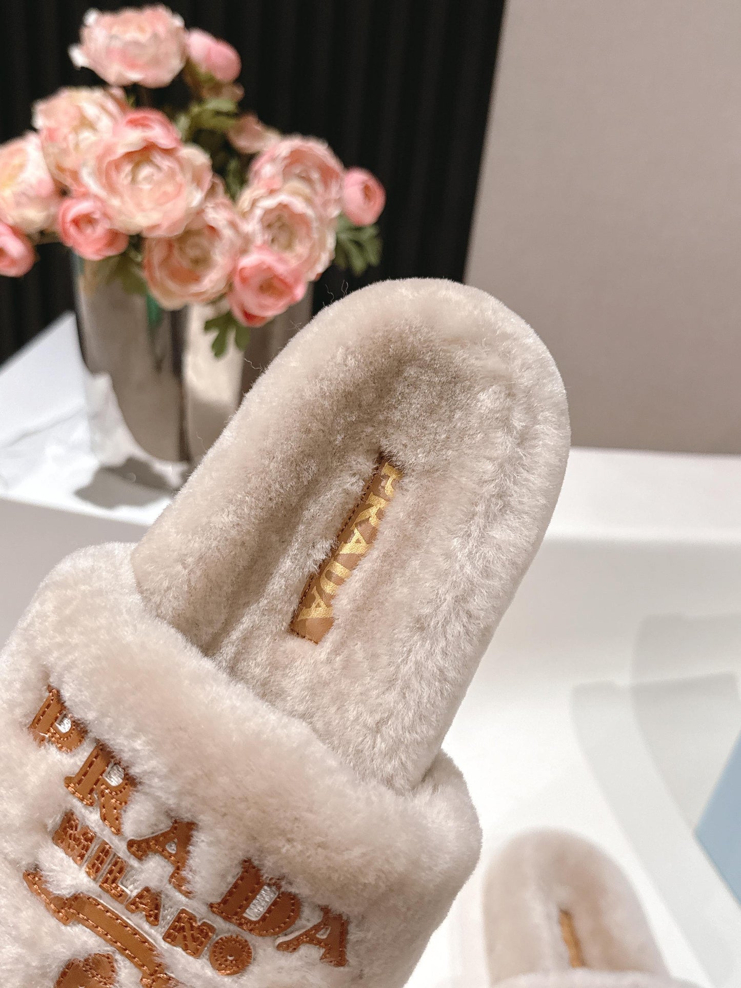 PRADA 25S FLAT MULES IN WARM TAUPE RABBIT FUR - 35