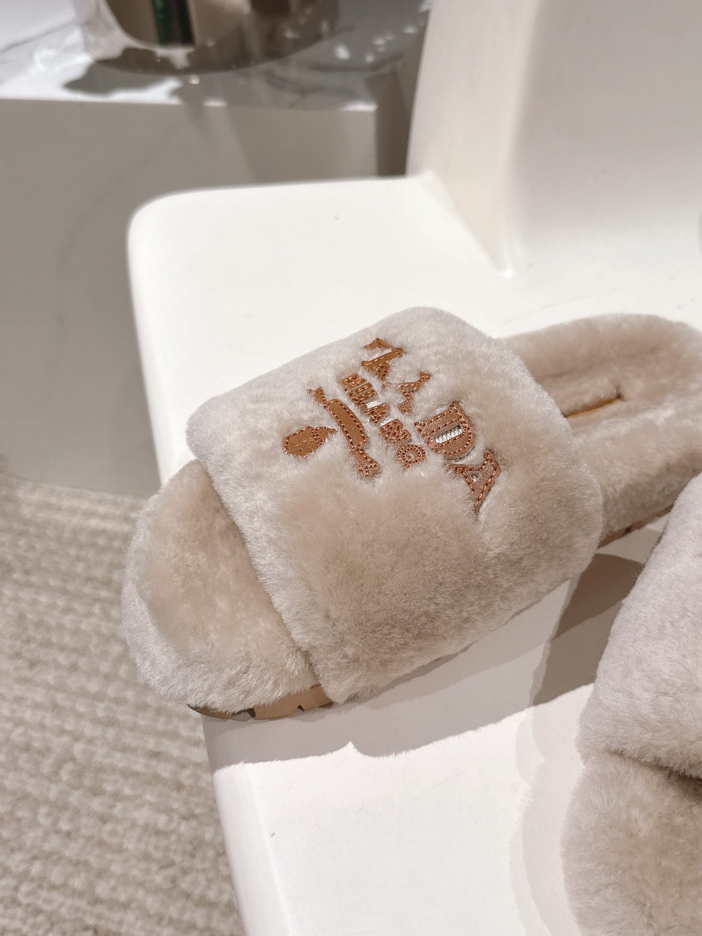 PRADA 25S FLAT MULES IN WARM TAUPE RABBIT FUR - 35
