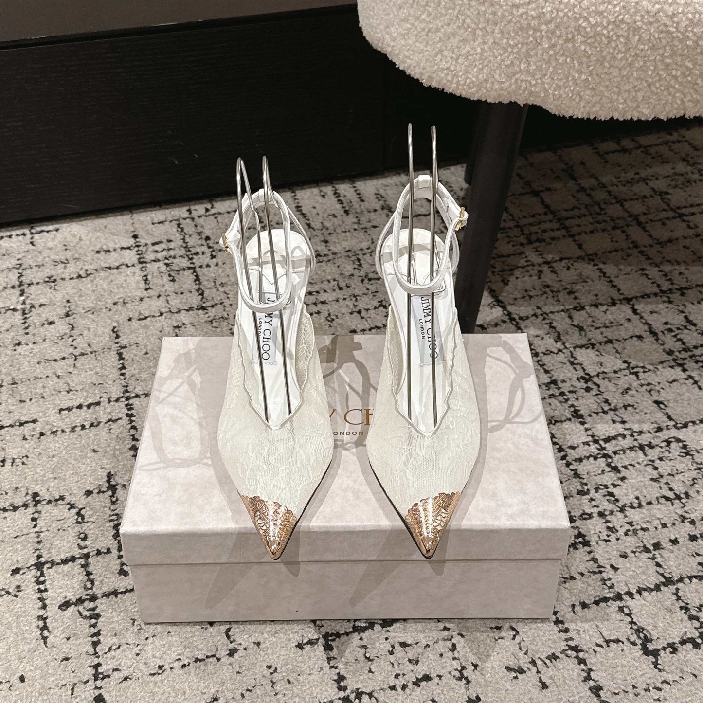 JIMMY CHOO 26S SLINGBACK HEELS 95 MM IN WHITE LACE