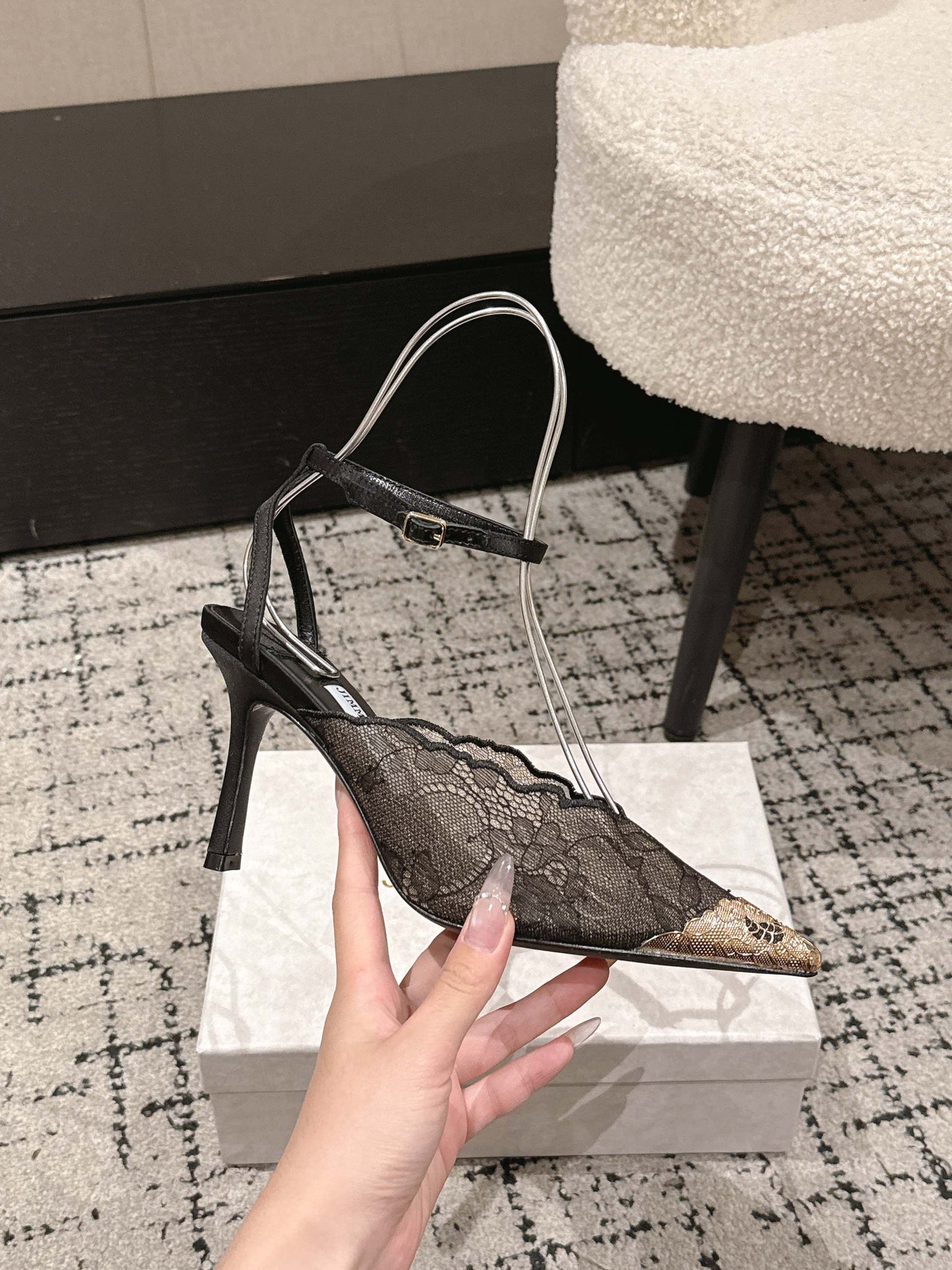 БОСОНІЖКИ JIMMY CHOO 26S НА ВИСОКИХ ПІДБОРАХ 95 ММ, ЧОРНЕ МЕРЕЖИВО