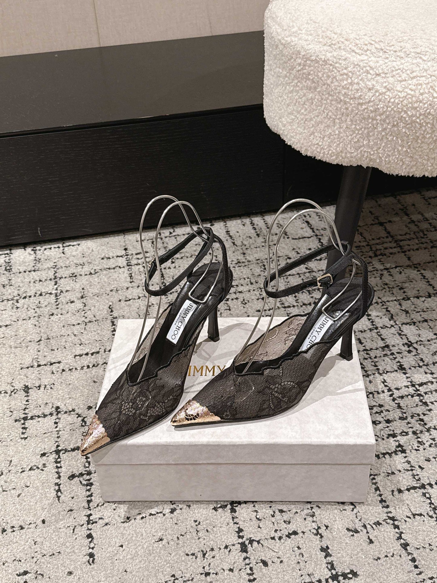 БОСОНІЖКИ JIMMY CHOO 26S НА ВИСОКИХ ПІДБОРАХ 95 ММ, ЧОРНЕ МЕРЕЖИВО