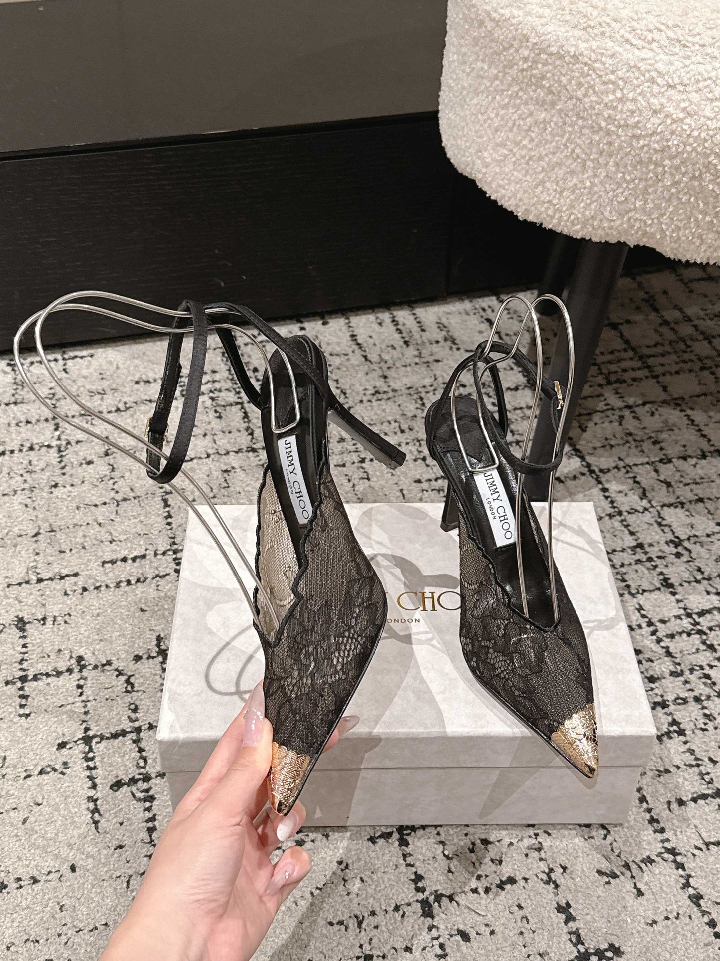 БОСОНІЖКИ JIMMY CHOO 26S НА ВИСОКИХ ПІДБОРАХ 95 ММ, ЧОРНЕ МЕРЕЖИВО