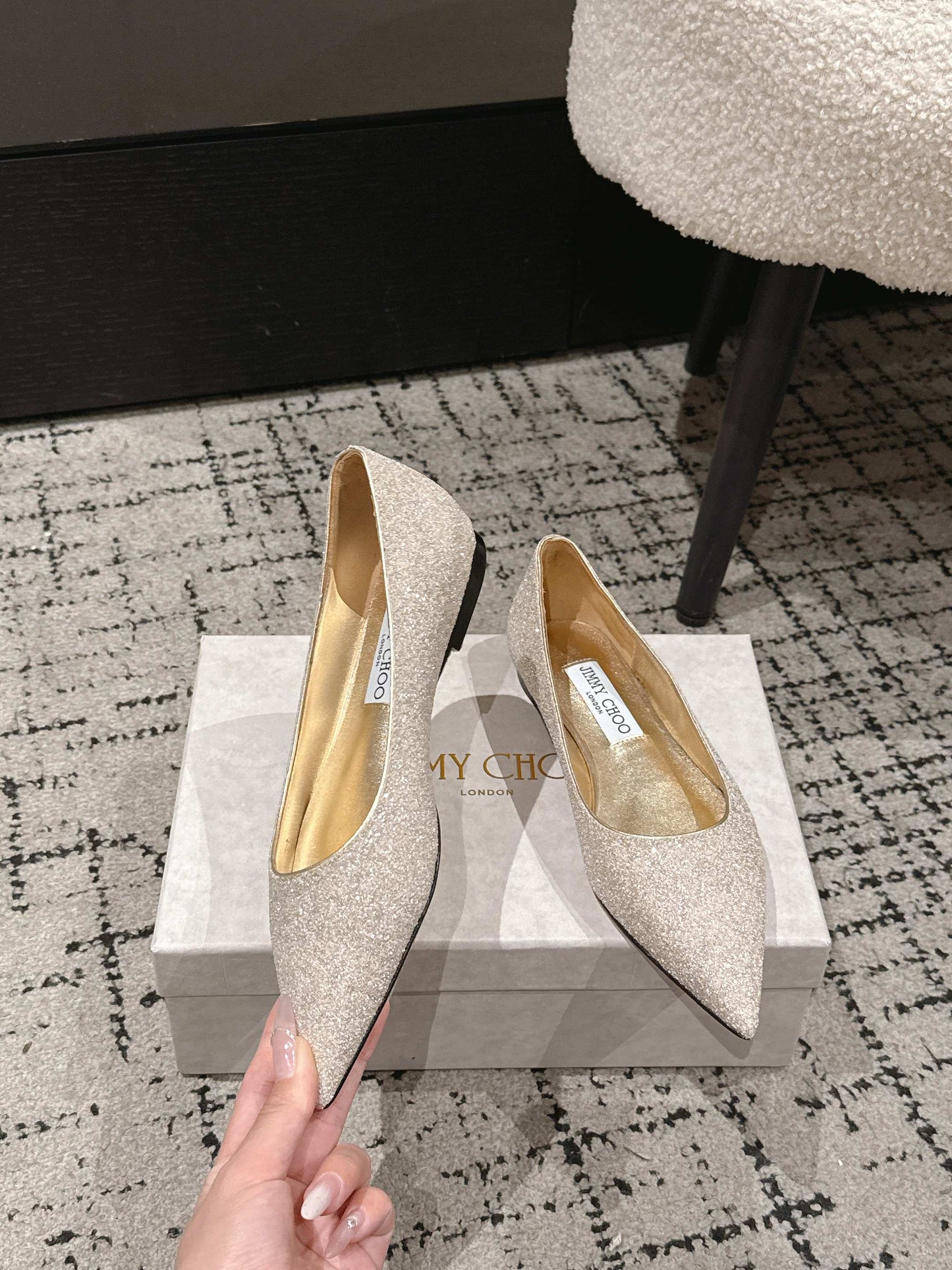 ГОСТРОНОСІ БАЛЕТКИ JIMMY CHOO 26S ІЗ БЛИСКІТКАМИ КОЛЬОРУ ШАМПАНСЬКОГО ЗОЛОТА