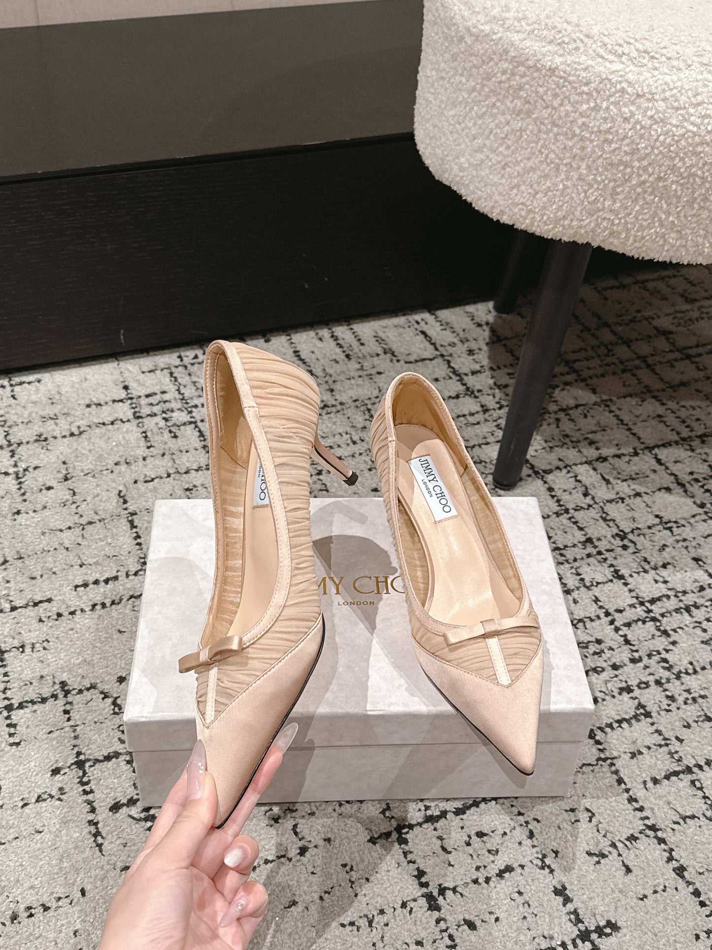 ВИСОКІ ТУФЛІ-ЧОВНИКИ JIMMY CHOO 26S ІЗ ЗАГОСТРЕНИМ НОСКОМ, 65 ММ, СВІТЛО-ТІЛЕСНОГО РОЖЕВОГО КОЛЬОРУ З ТКАНИНИ