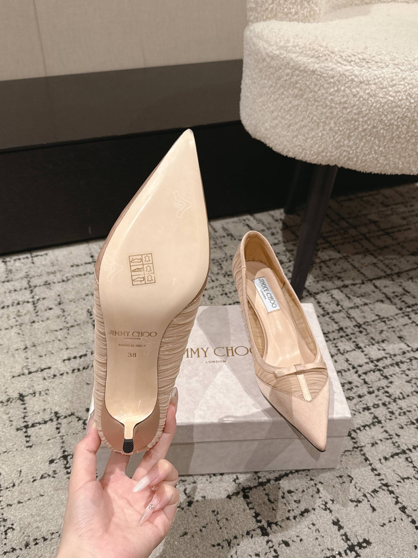 ВИСОКІ ТУФЛІ-ЧОВНИКИ JIMMY CHOO 26S ІЗ ЗАГОСТРЕНИМ НОСКОМ, 65 ММ, СВІТЛО-ТІЛЕСНОГО РОЖЕВОГО КОЛЬОРУ З ТКАНИНИ