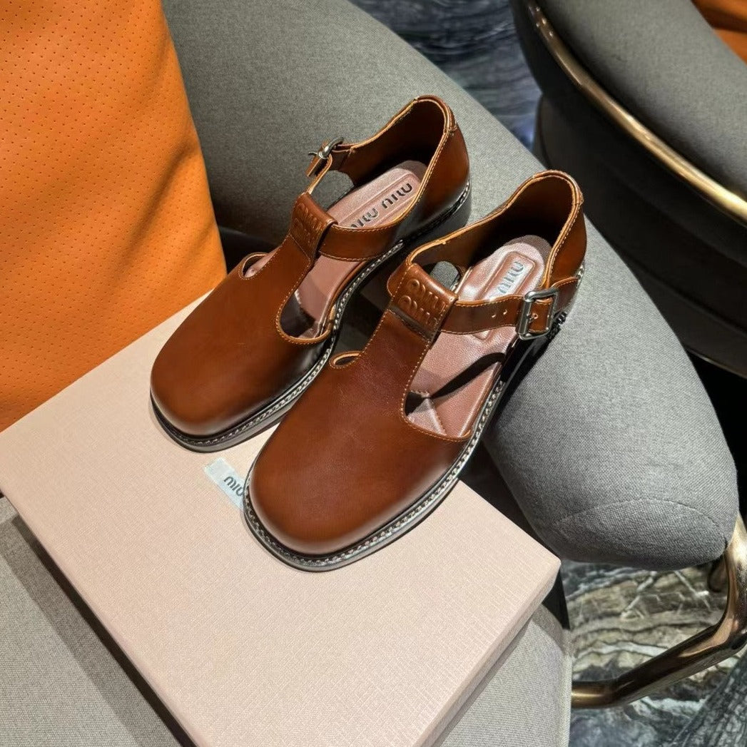 Square Toe Thick Heel Retro Mary Jane Shoes Chestnut Calfskin - 35