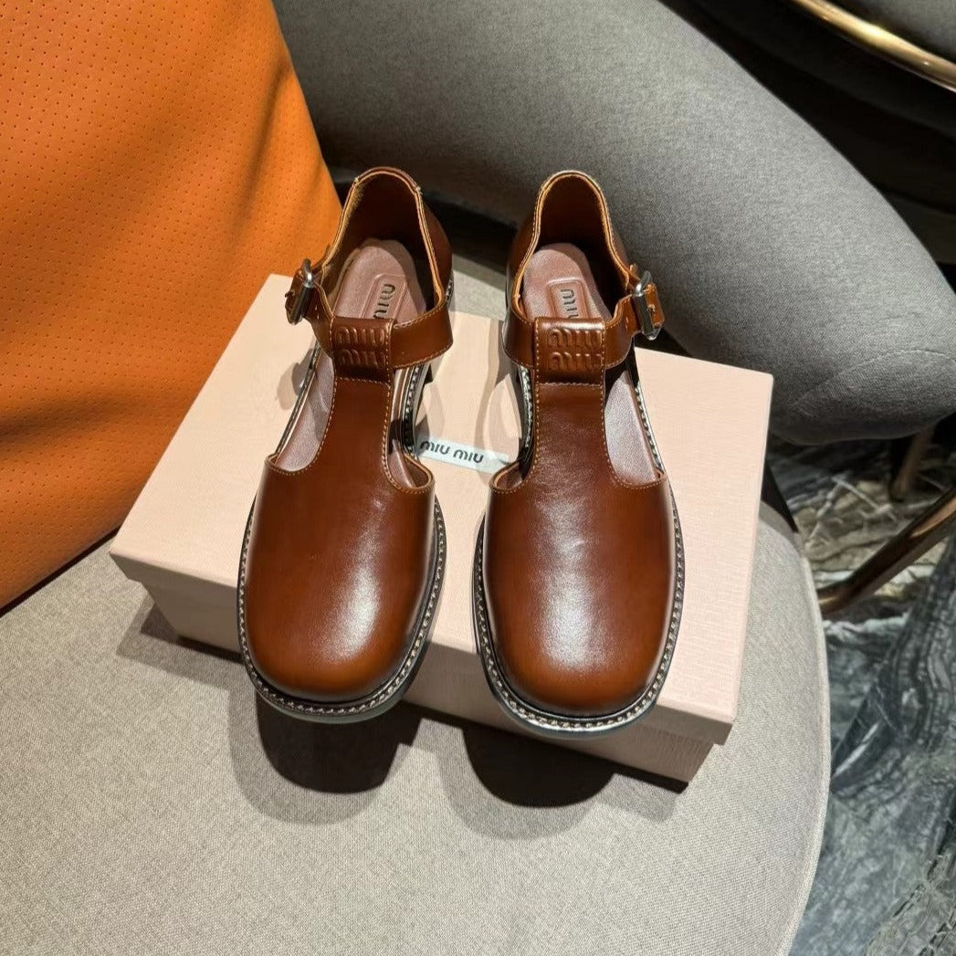Square Toe Thick Heel Retro Mary Jane Shoes Chestnut Calfskin - 35