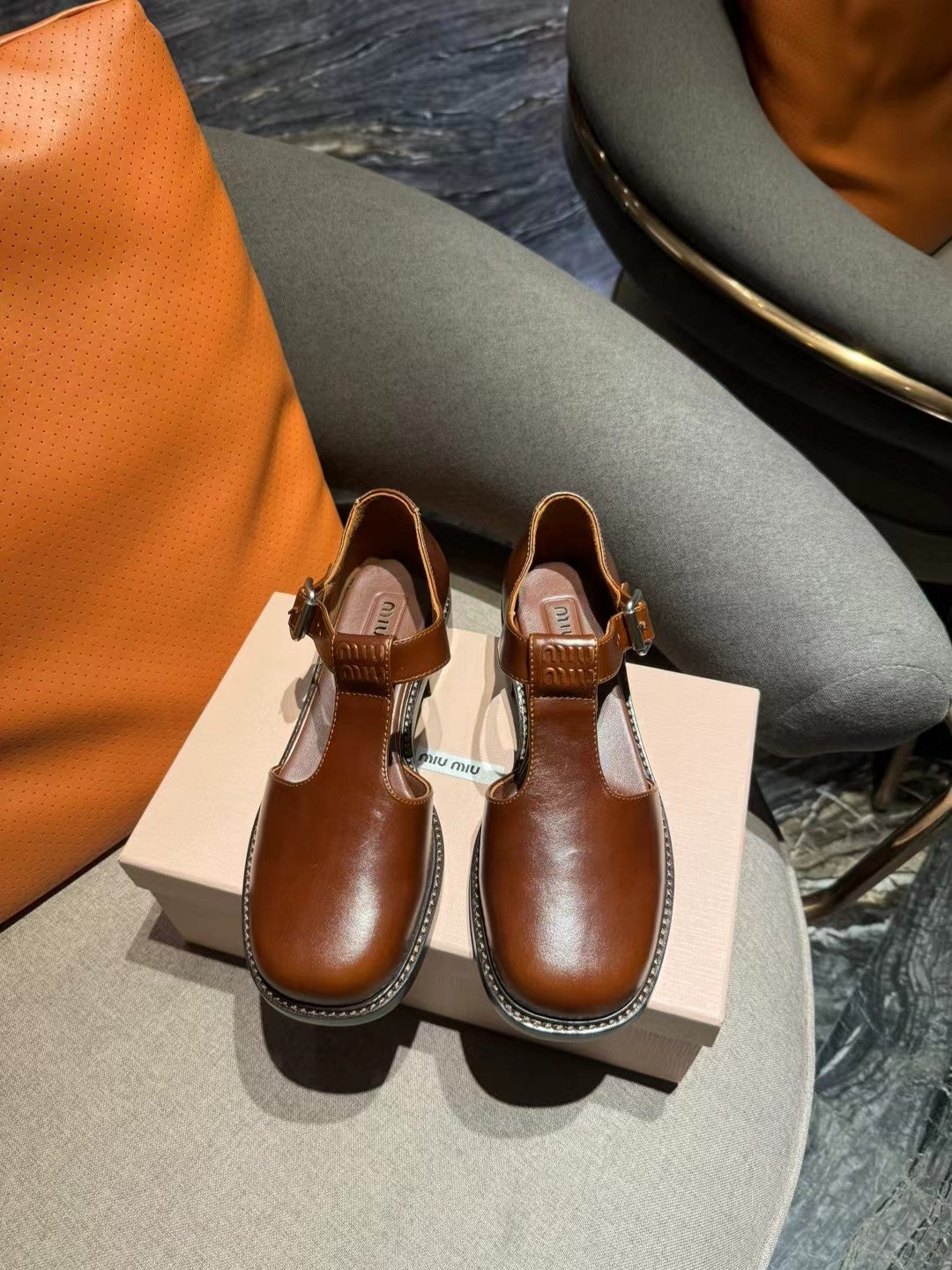 Square Toe Thick Heel Retro Mary Jane Shoes Chestnut Calfskin - 35