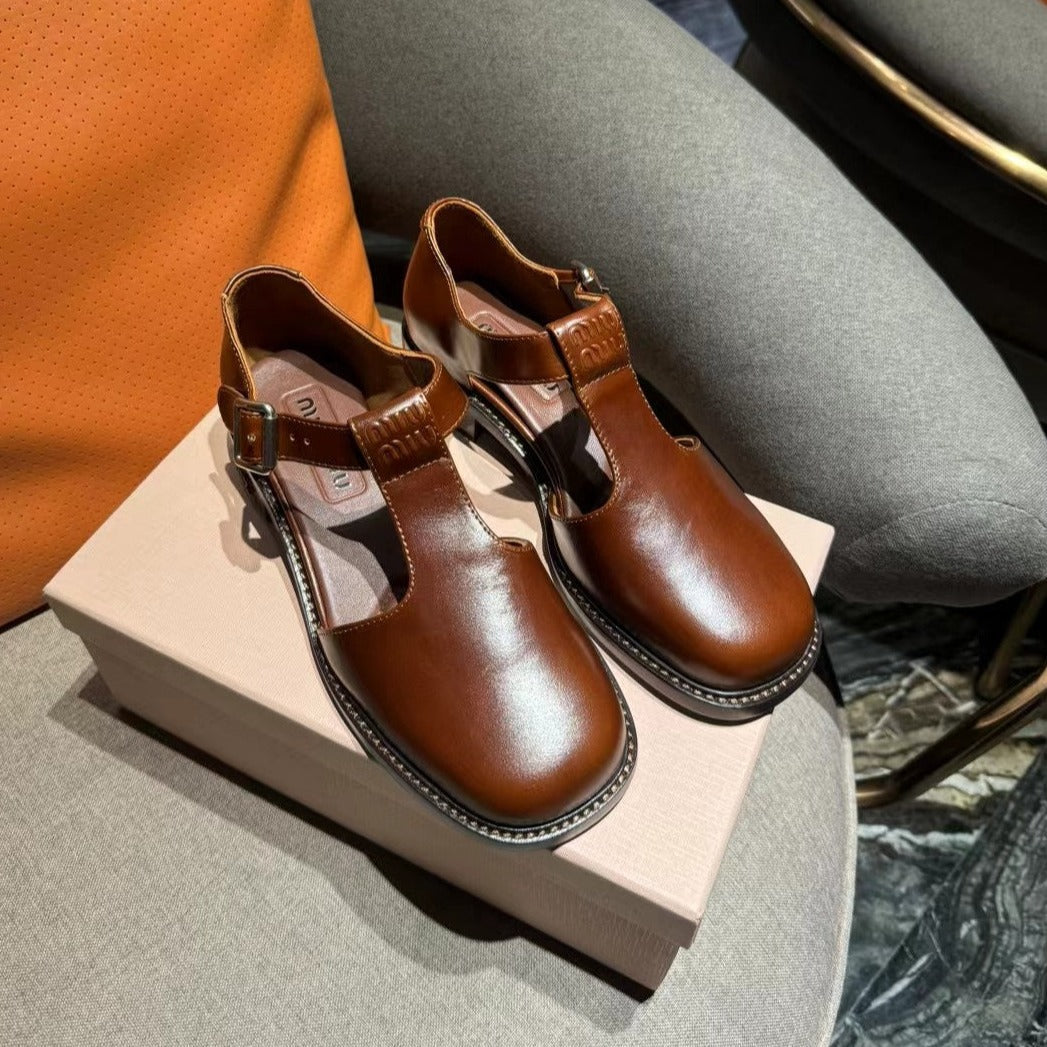 Square Toe Thick Heel Retro Mary Jane Shoes Chestnut Calfskin - 35