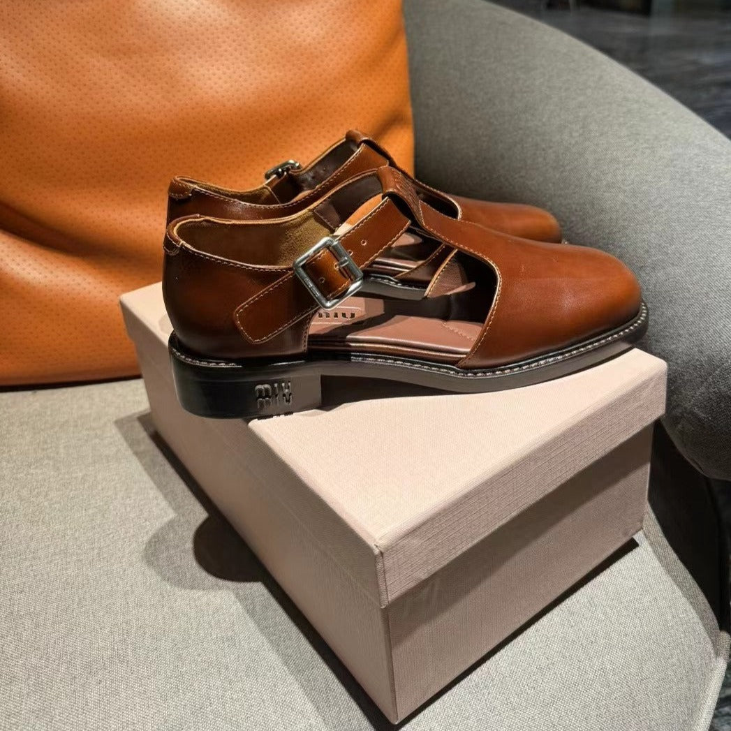 Square Toe Thick Heel Retro Mary Jane Shoes Chestnut Calfskin - 35