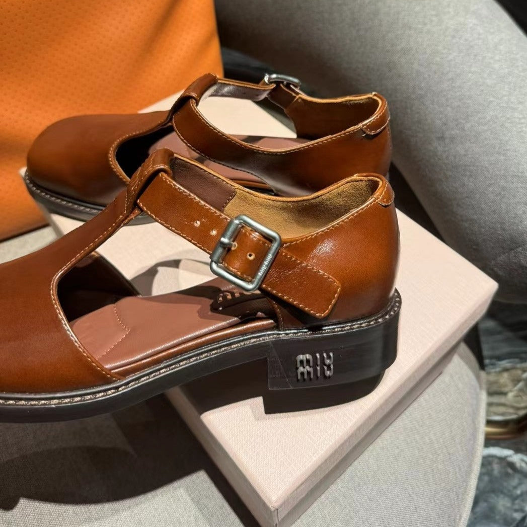 Square Toe Thick Heel Retro Mary Jane Shoes Chestnut Calfskin - 35