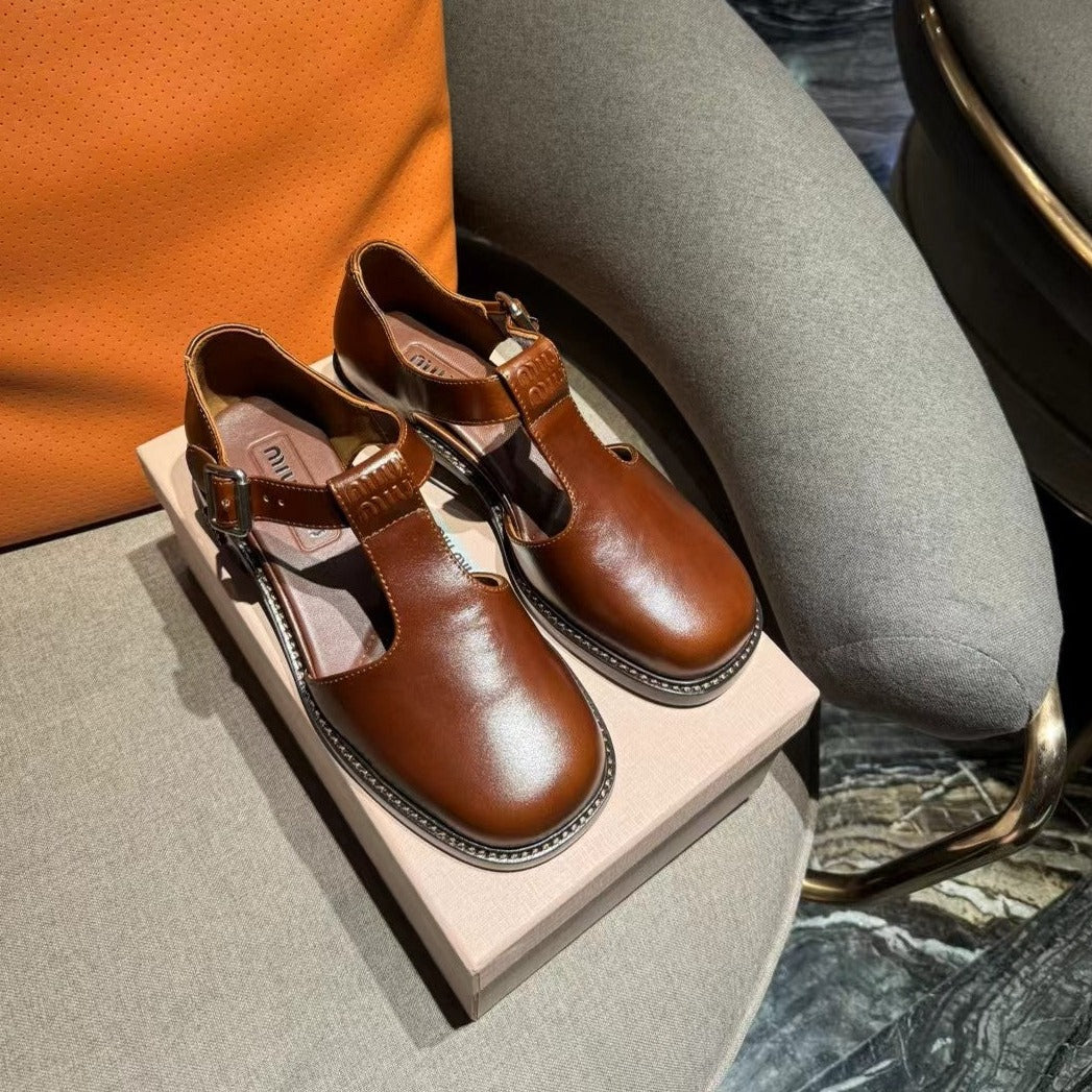 Square Toe Thick Heel Retro Mary Jane Shoes Chestnut Calfskin - 35