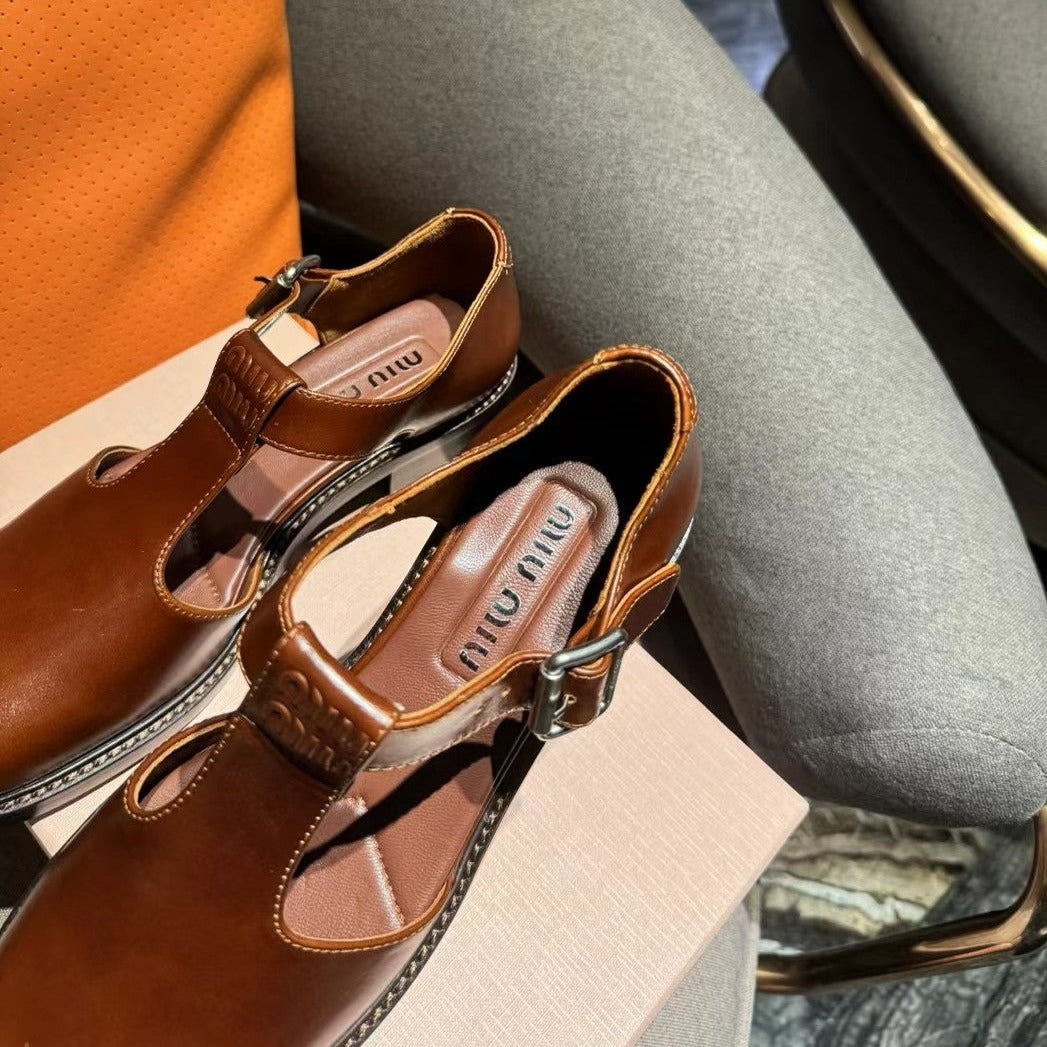Square Toe Thick Heel Retro Mary Jane Shoes Chestnut Calfskin - 35