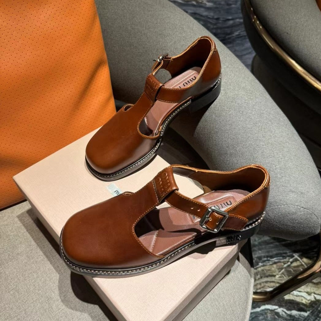 Square Toe Thick Heel Retro Mary Jane Shoes Chestnut Calfskin - 35