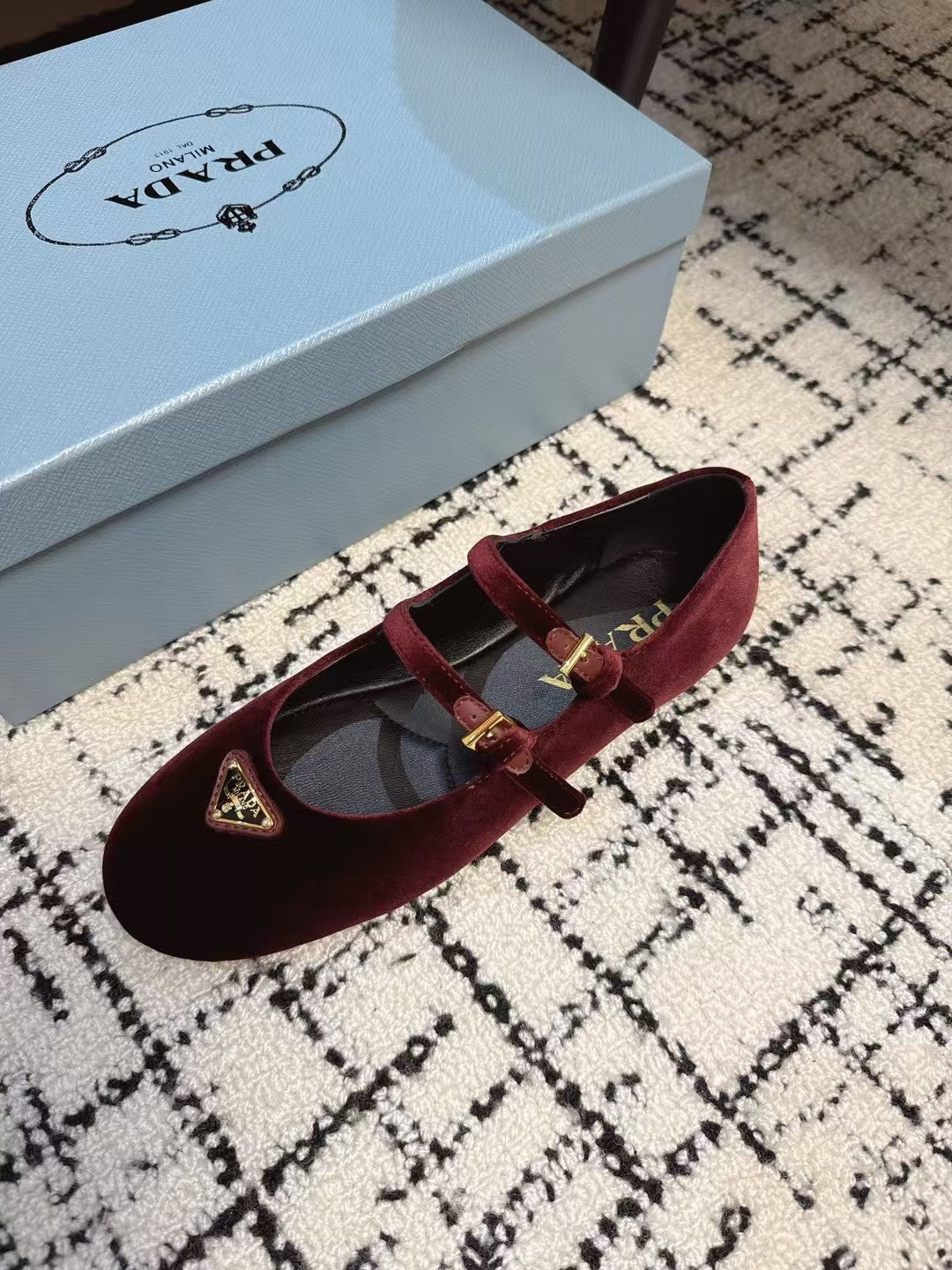 MARY JANE FLAT WITH TRIANGLE LOGO IN SANGRIA RED VELVET - 35