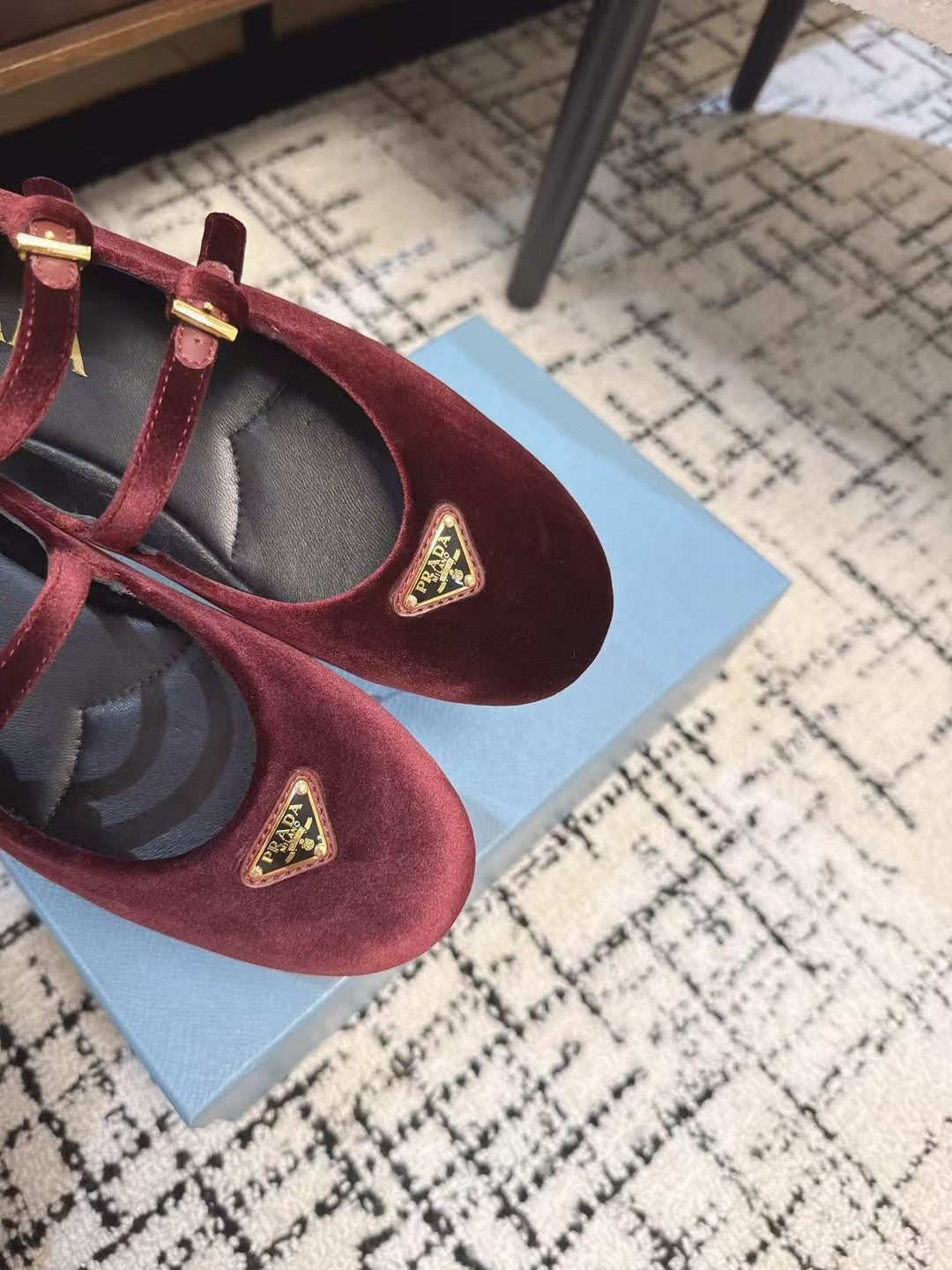 MARY JANE FLAT WITH TRIANGLE LOGO IN SANGRIA RED VELVET - 35