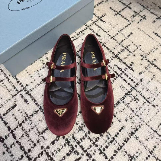 MARY JANE FLAT WITH TRIANGLE LOGO IN SANGRIA RED VELVET - 35