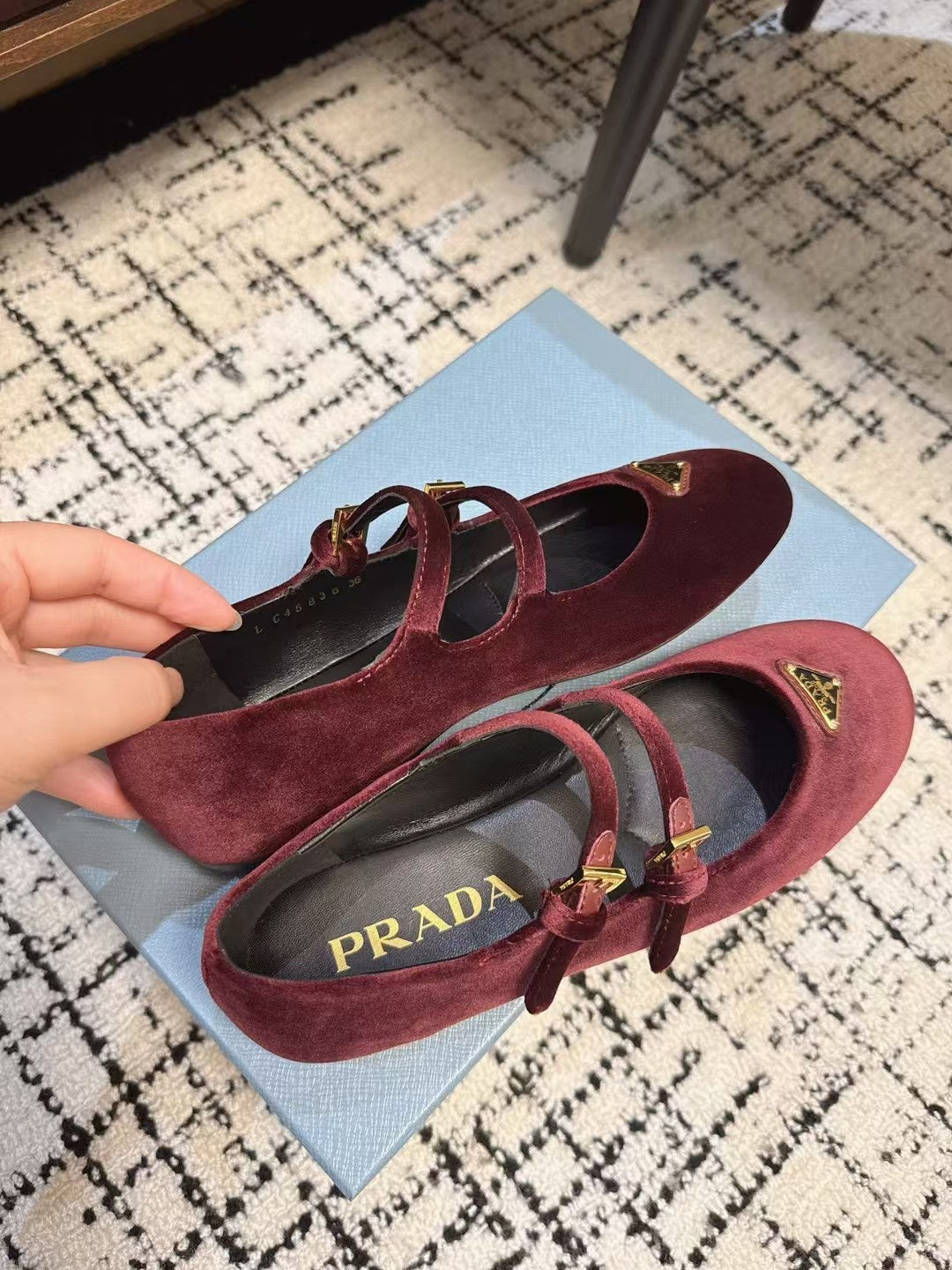 MARY JANE FLAT WITH TRIANGLE LOGO IN SANGRIA RED VELVET - 35