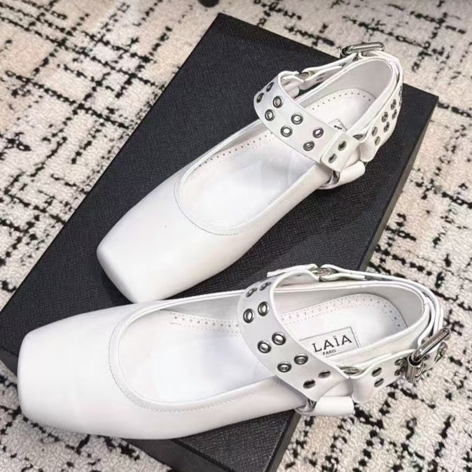 BIKER BALLET FLATS IN WHITE CALFSKIN - 35