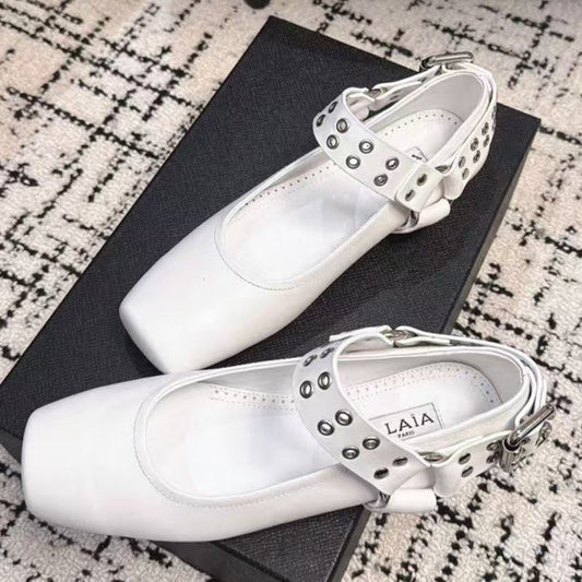 BIKER BALLET FLATS IN WHITE CALFSKIN - 35