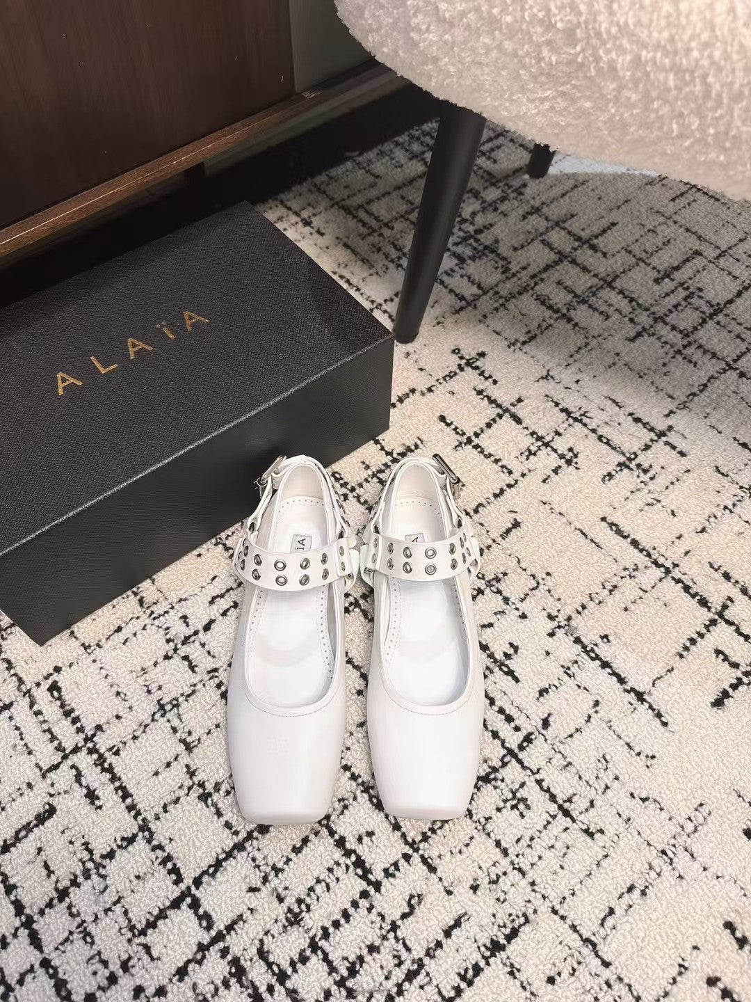 BIKER BALLET FLATS IN WHITE CALFSKIN - 35