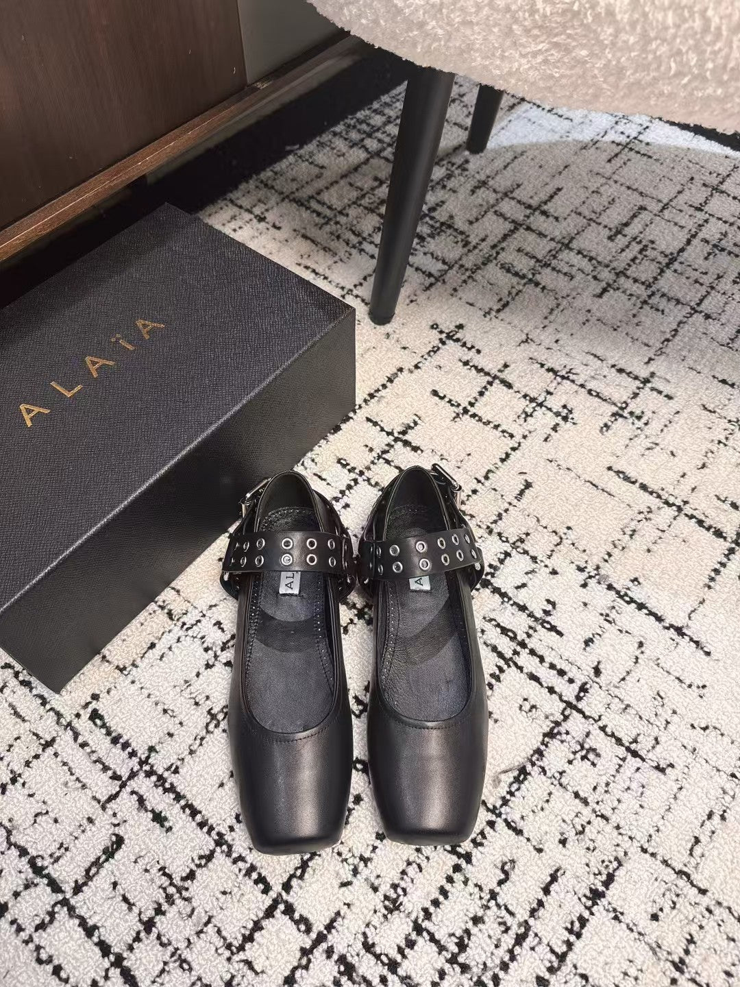 BIKER BALLET FLATS IN BLACK CALFSKIN - 35