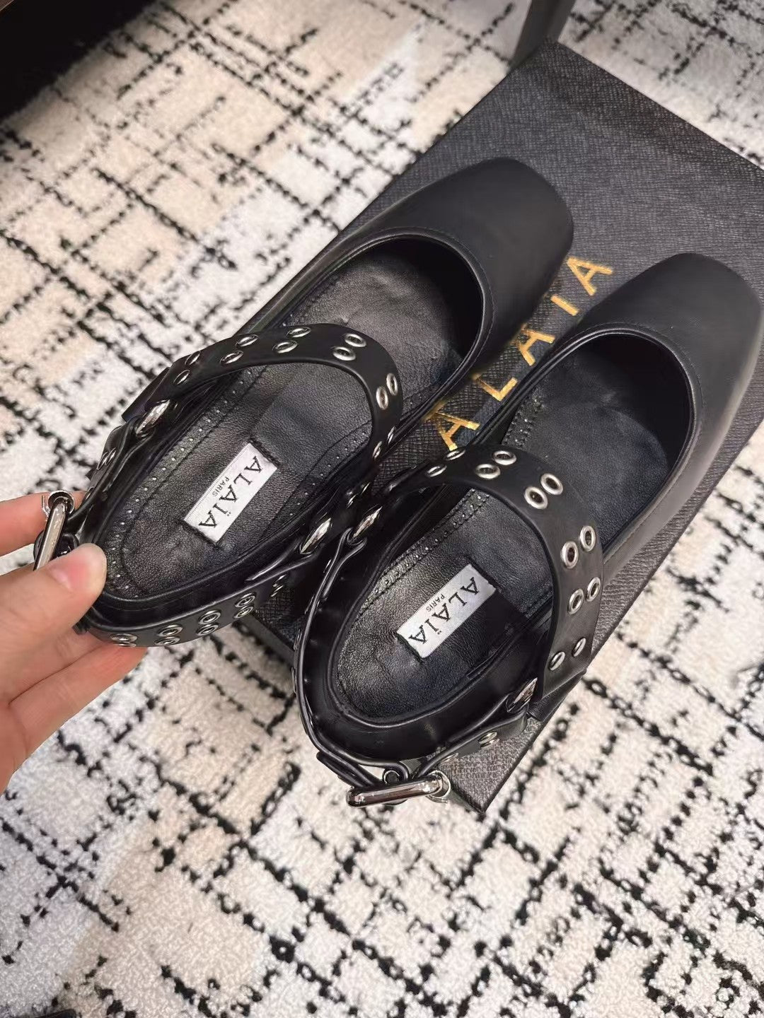 BIKER BALLET FLATS IN BLACK CALFSKIN - 35