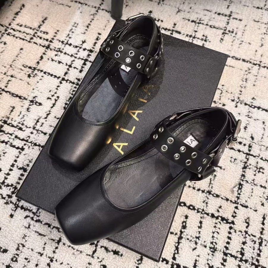 BIKER BALLET FLATS IN BLACK CALFSKIN - 35