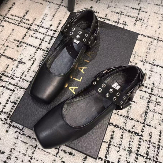 BIKER BALLET FLATS IN BLACK CALFSKIN - 35
