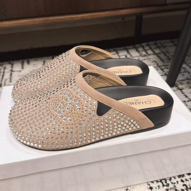 FLAT MULE IN LIGHT BROWN SUEDE WITH CRYSTALS - 35