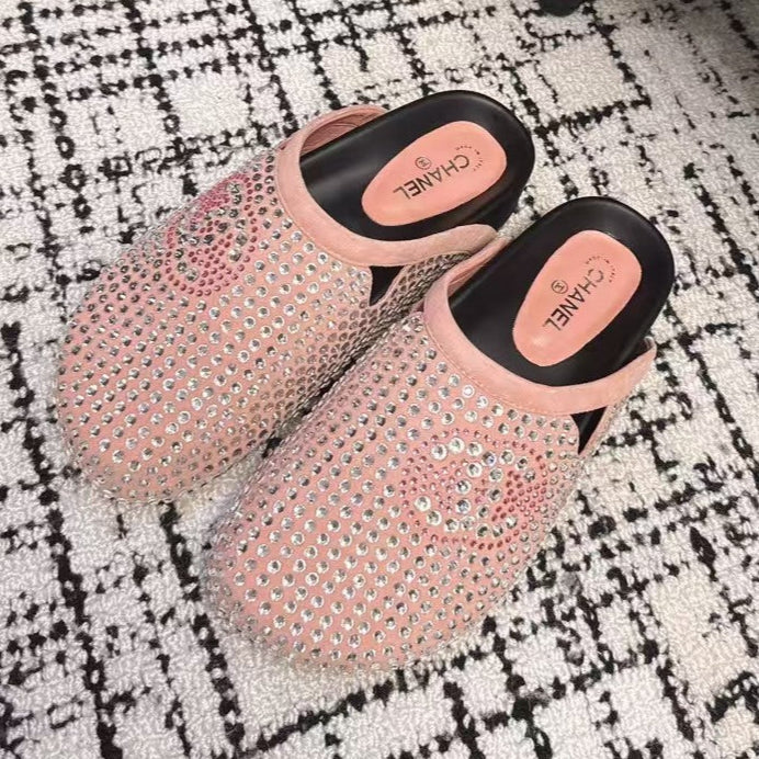 FLAT MULE IN LIGHT PINK SUEDE WITH CRYSTALS - 35