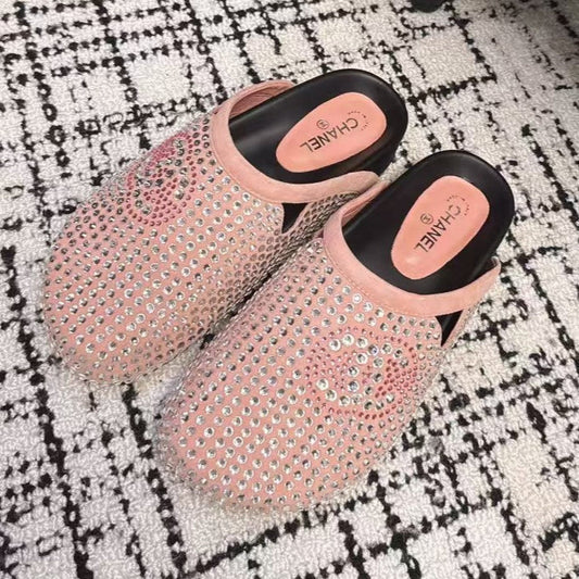 FLAT MULE IN LIGHT PINK SUEDE WITH CRYSTALS - 35