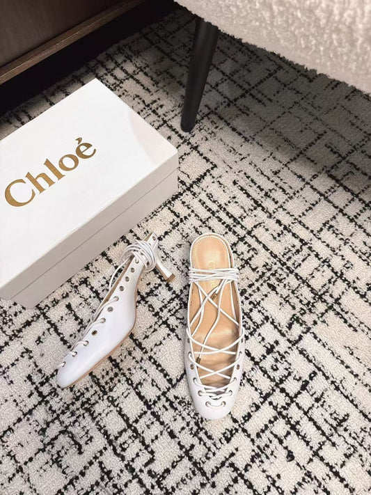 CHLOÉ 26S LACE-UP HEELS 60 MM IN WHITE CALFSKIN