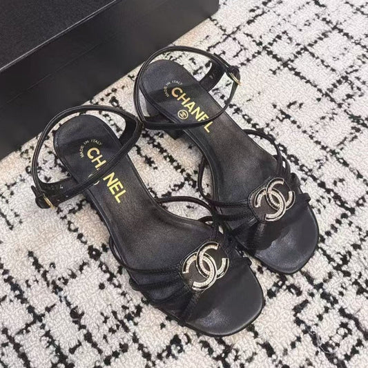 MID HEEL SANDALS IN BLACK LAMBSKIN - 35