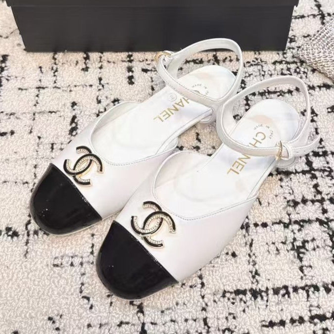 FLAT SLINGBACKS IN WHITE MIX BLACK CALFSKIN - 35