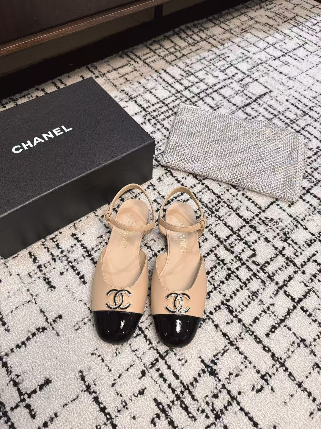 FLAT SLINGBACKS IN MACAROON BEIGE MIX BLACK CALFSKIN - 35