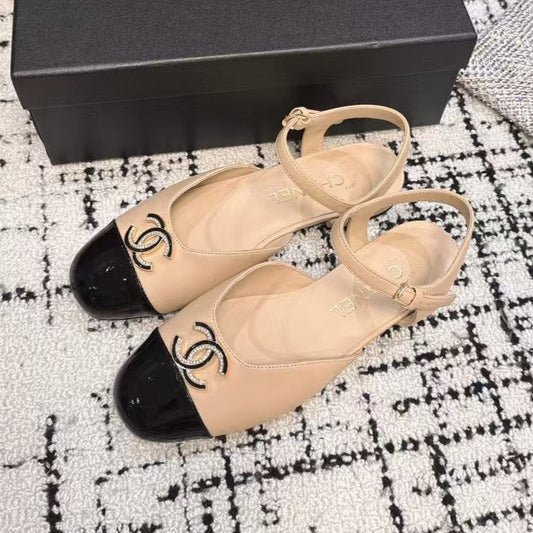 FLAT SLINGBACKS IN MACAROON BEIGE MIX BLACK CALFSKIN - 35