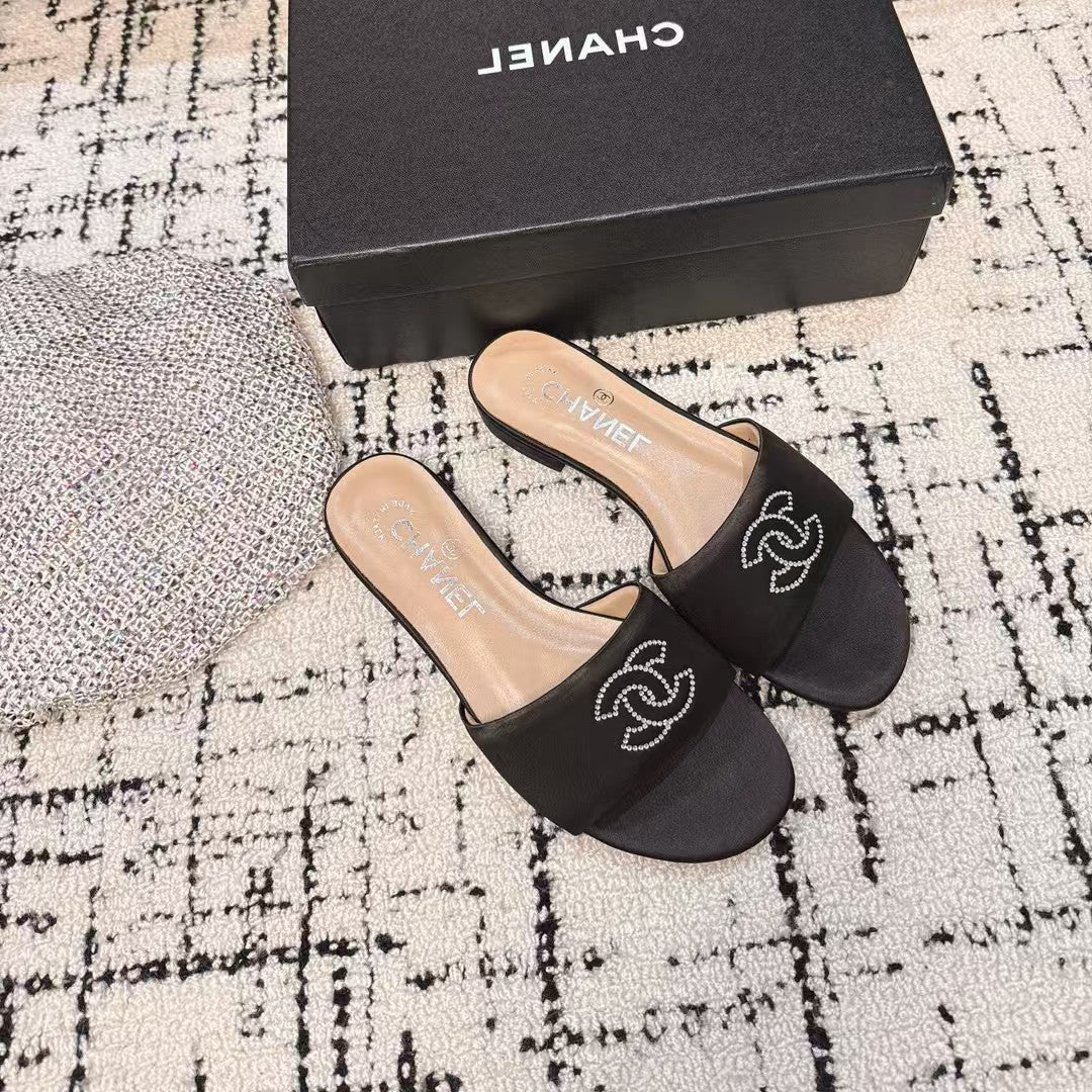 SLIPPERS IN BLACK SATIN MIX CALFSKIN - 35
