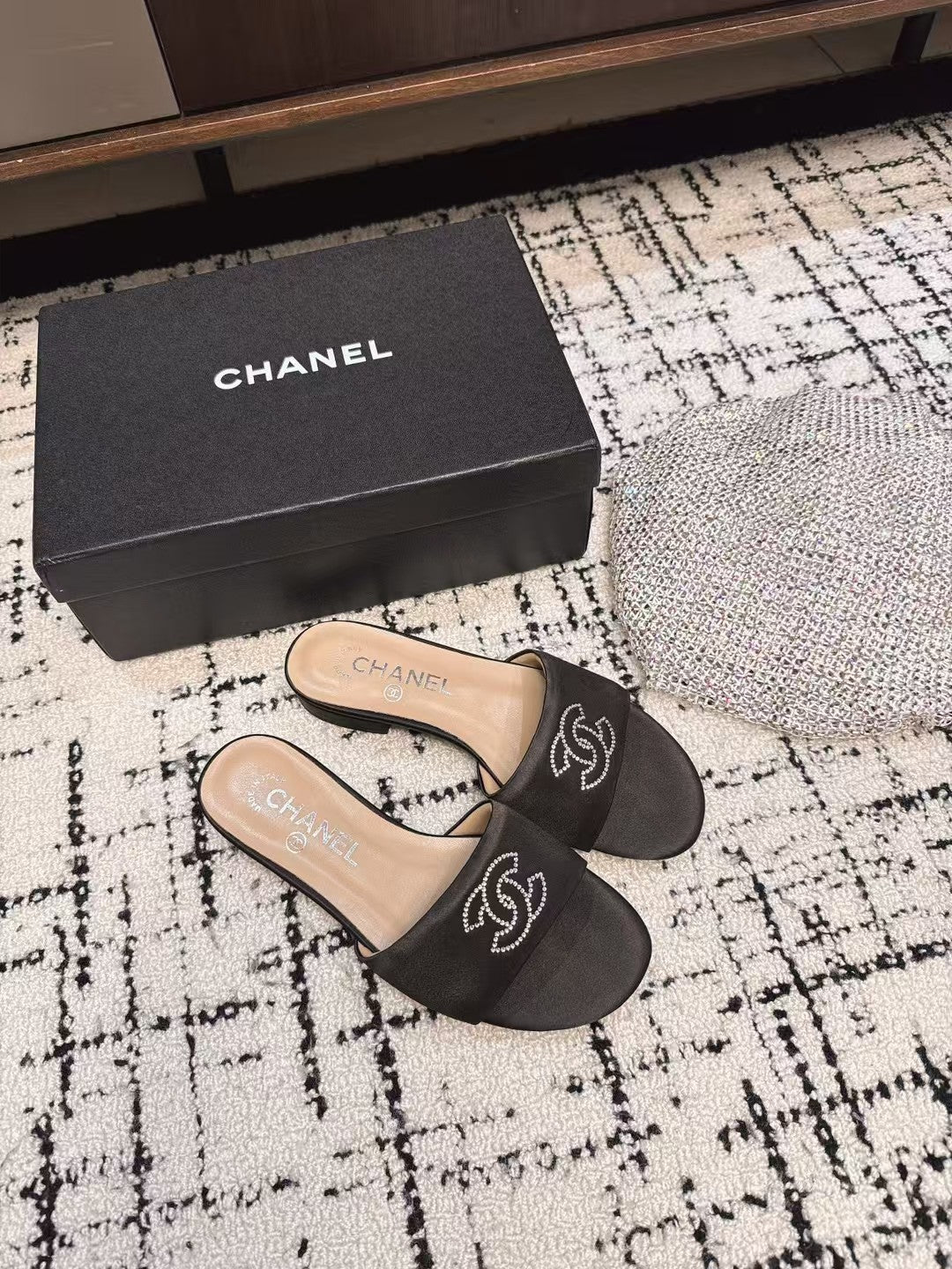 SLIPPERS IN BLACK SATIN MIX CALFSKIN - 35