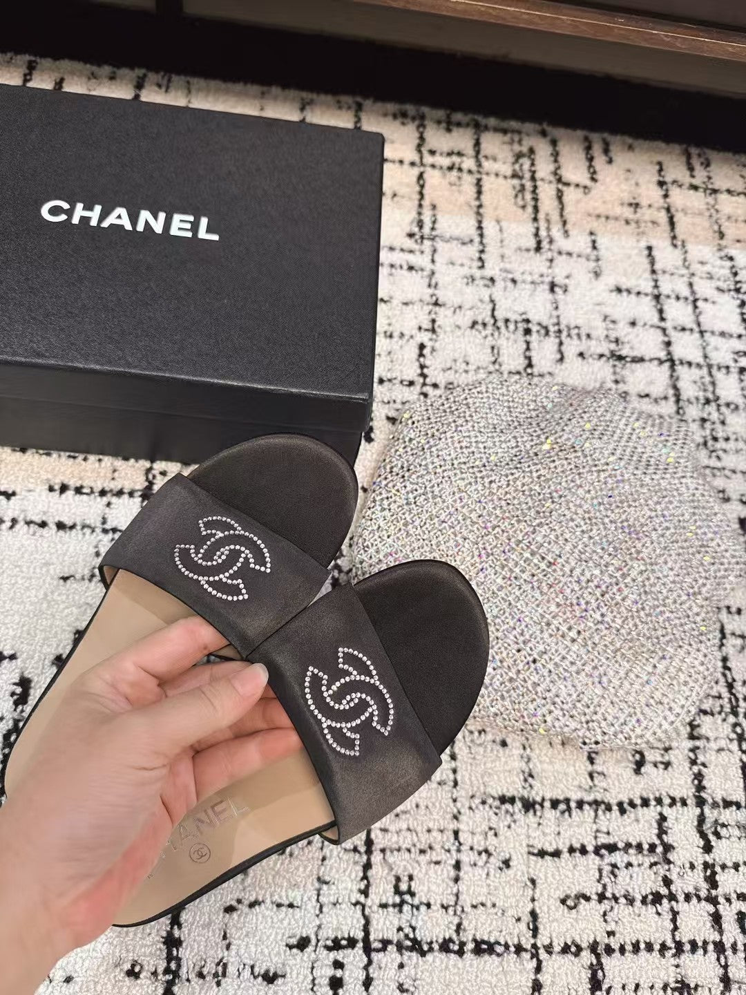 SLIPPERS IN BLACK SATIN MIX CALFSKIN - 35