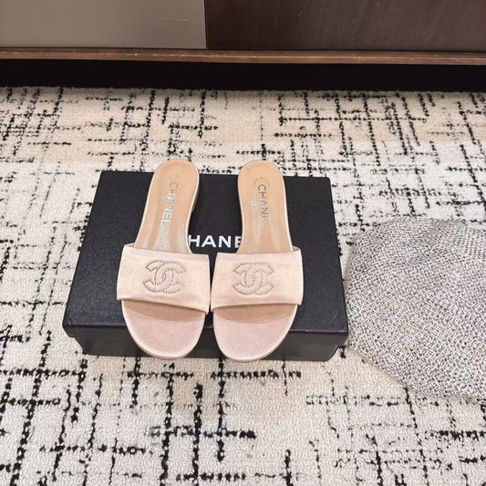 SLIPPERS IN LIGHT PINK SATIN MIX CALFSKIN - 35
