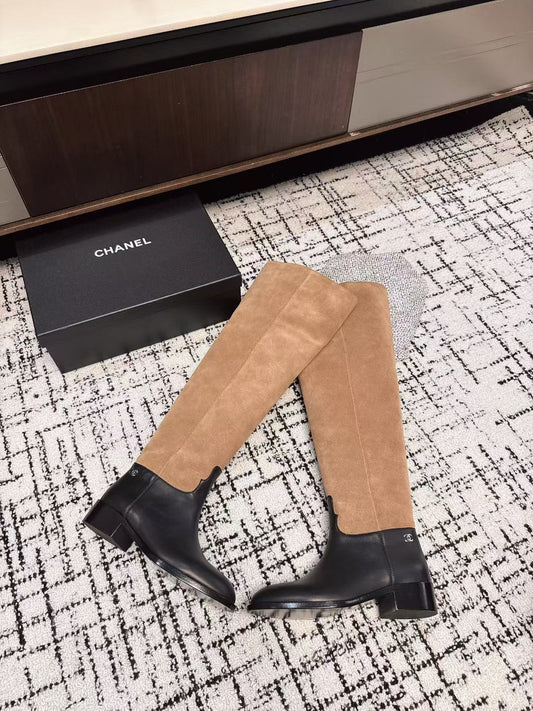 CC HIGH BOOTS IN TAN BROWN SUEDE MIX BLACK CALFSKIN - 35
