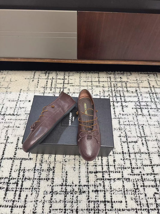MIUMIU 26S LACE UP BOW LOAFERS IN DARK BROWN CALFSKIN