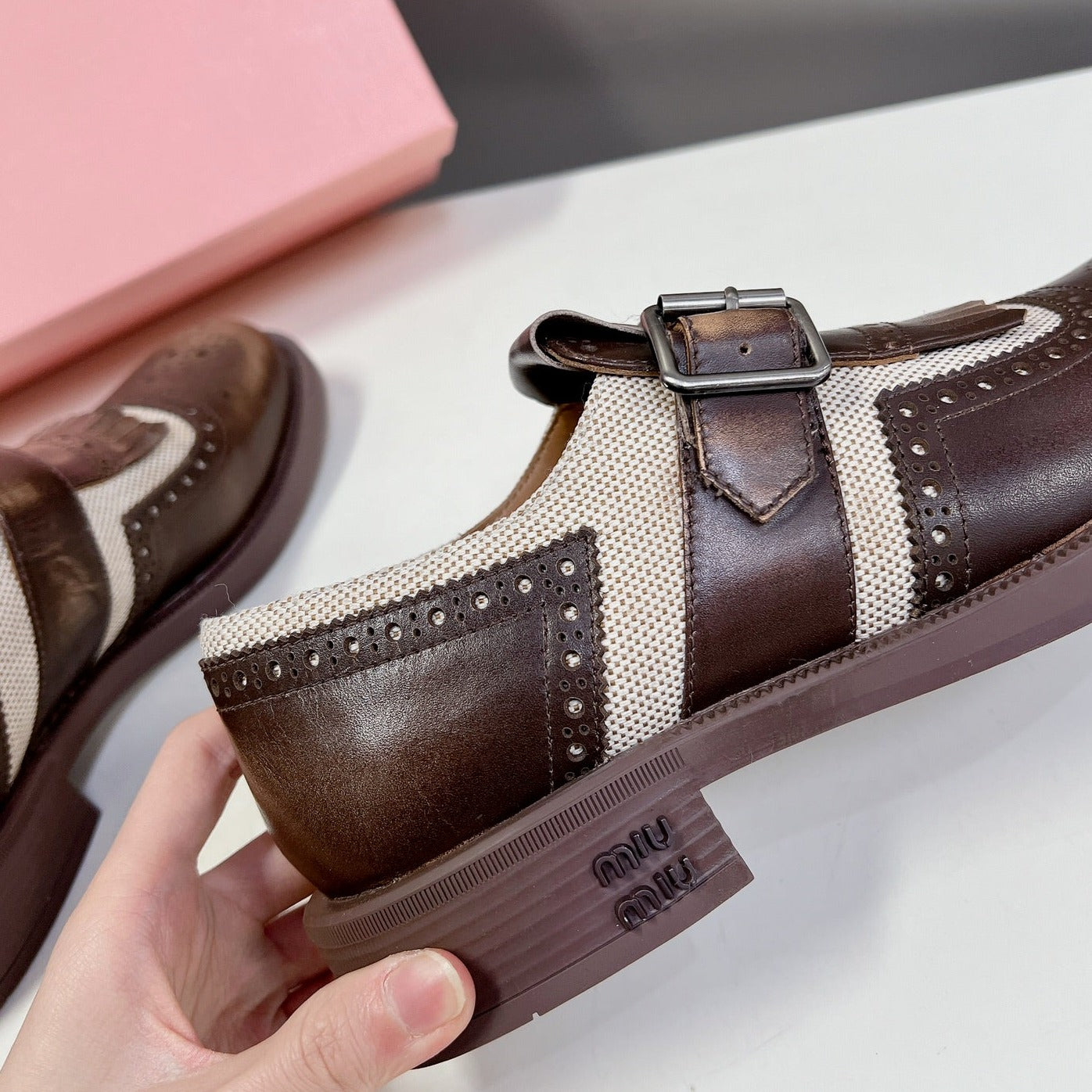 UNIQUE THICK-SOLED OXFORD SHOES WOOD MIX CREAM CALFSKIN - 35